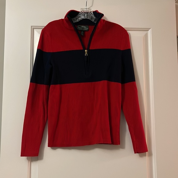 LAUREN ACTIVE-RALPH LAUREN Red-Navy Striped Long Sleeve Half-Zip Sweater Sz L - Picture 2 of 4